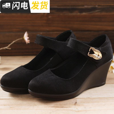 老北京布鞋女士职业单鞋上班坡跟粗跟防台工作鞋工装鞋黑启如休闲鞋