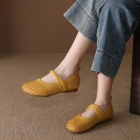 头层牛皮单鞋女2026春季新款复古手工编织真皮浅口平底软底豆豆鞋