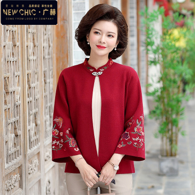 广赫本命年妈妈春装红色外套中年女丈母娘上衣服中老年婚礼服婚宴婆婆夹克