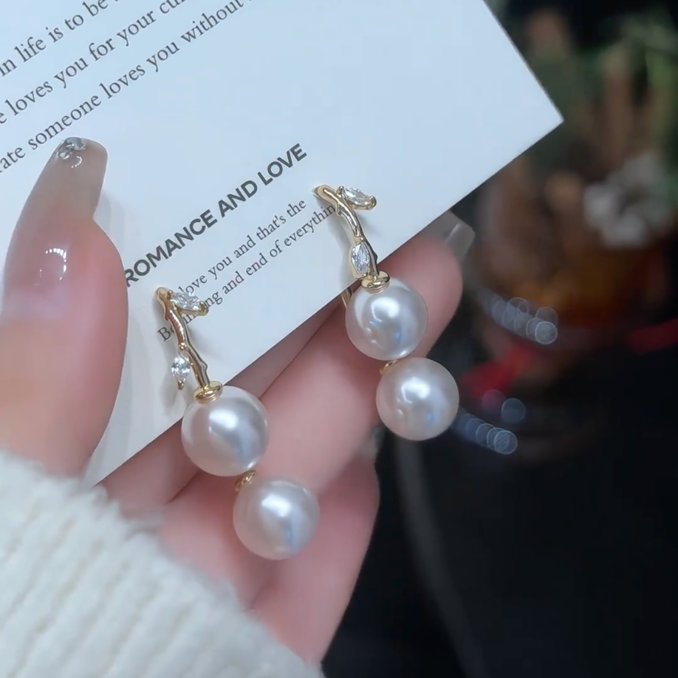 2025年新款法式锆石树叶珍珠耳环设计感前后戴交叉百搭银针耳饰女送女朋友老婆情人节七夕生日礼物