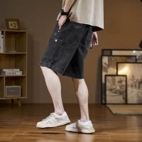 [2.5折价75元]唐狮夏季新款牛仔短裤男工装五分裤大口袋黑色潮流帅气时尚