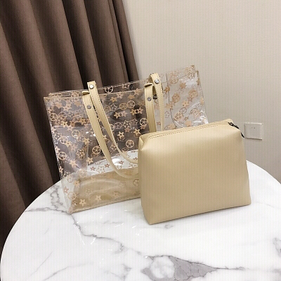 新款果冻包包女新款女包韩版百搭子母包透明包大容量手提包单肩包-定制卡其色卡其色