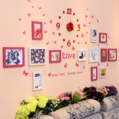 自粘3D立体背景墙贴纸画框儿童房间布置床头贴画古达卧室墙壁墙面装饰品13Z白玫+红钟