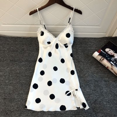 SUNTEK睡衣女冰丝性感带胸垫聚拢打底丝质韩版蕾丝波点夏季吊带睡裙薄款