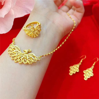 新款仿真沙金凤凰项链铜镀金镂空孔雀套装假黄金首饰结婚婚庆礼品送女朋友老婆情人节七夕生日礼物