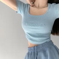 美式复古字母刺绣修身打底衫方领低胸露锁骨短袖T恤露脐高腰上衣