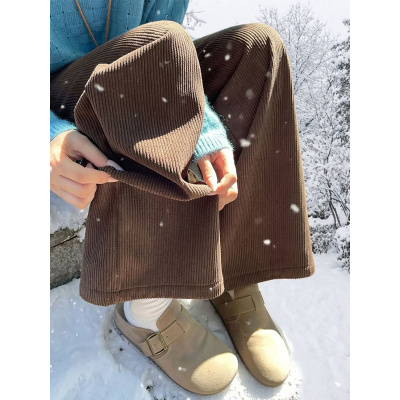 加绒加厚阔腿裤女新款秋冬慵懒小个子窄版直筒灯芯绒咖色裤子_0