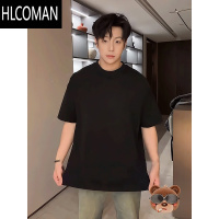 HLCOMANcleanfit黑色短袖T恤男小领口高级感痞帅半袖体恤