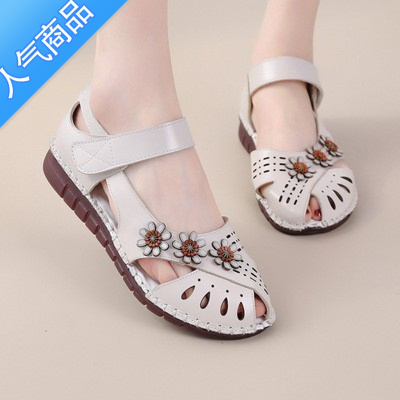 SUNTEK2022夏季新款平底女鞋民族风复古镂空花朵女凉鞋妈妈鞋中老年
