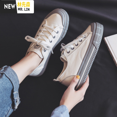 林先森厚底帆布鞋女2021春季新款百搭黑色女鞋松糕底韩版学生板鞋子帆布鞋