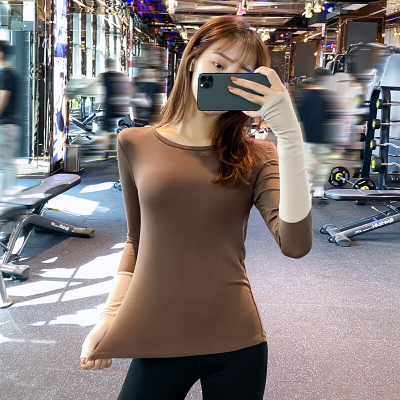 珂卡慕(KEKAMU)拼色运动上衣女士透气修身显瘦健身长袖网红速干训练瑜伽服焦糖色S