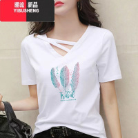 YIBUSHENGv领短袖t恤女2024季韩版新款宽松显瘦百搭设计感印花上衣潮