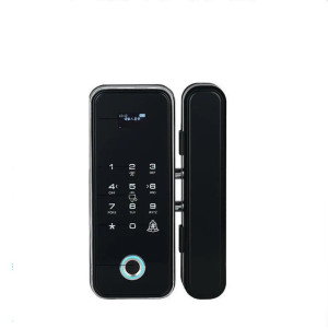 办公室玻璃门指纹锁免开孔密码锁单双门有无框智能全自动电子门锁 指纹密码刷卡款 黑色 双门无框