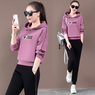 均妮休闲运动套装女2020春秋新款长袖显瘦时尚连帽运动装女卫衣两件套晨练健身跑步运动服女