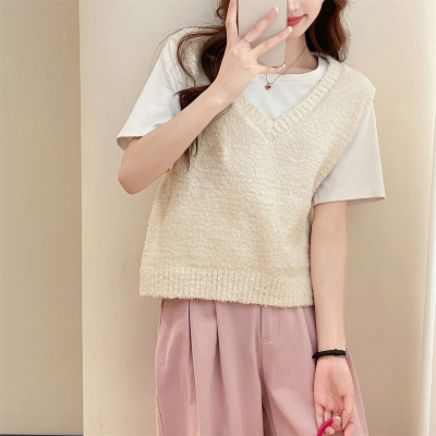 [3件8.5折101.9元,叠加优惠券]唐狮秋新款白色毛衣女温柔风百搭v领套头马甲短款针织背心qd