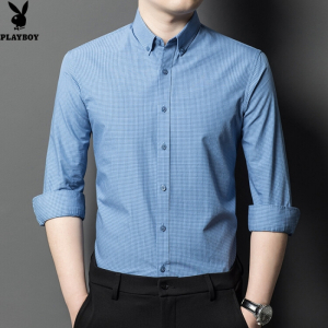 花花公子2024年春秋新款全棉免烫小格子长袖衬衫商务时尚休闲衬衣服