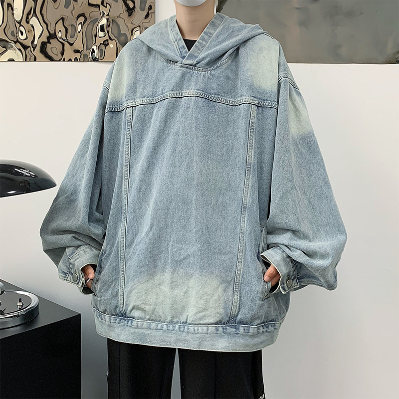 男装潮牌做旧水洗连帽牛仔卫衣男春秋季美式复古街头风宽松夹克男