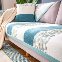 家柏饰(CORATED)北欧四季通用沙发垫防滑简约全包萬能沙发套罩布艺沙发巾沙发盖布 方块蓝 70*70cm