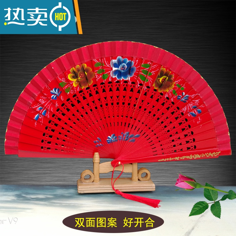 XIANCAI红色跳舞扇子双面图案西班牙木扇舞蹈扇旗袍走秀表演扇结婚庆红扇 红色 大红镂空