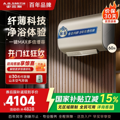 A.O.史密斯电热水器60升 超薄双胆扁桶储水式家用洗澡速热 智能控制HGE 3000W MAX增容 HGE