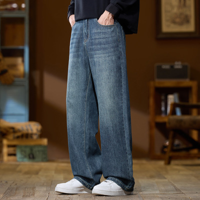 街头潮牌牛仔裤男 复古蓝水洗做旧 宽松直筒 日常通勤阔腿长裤 男
