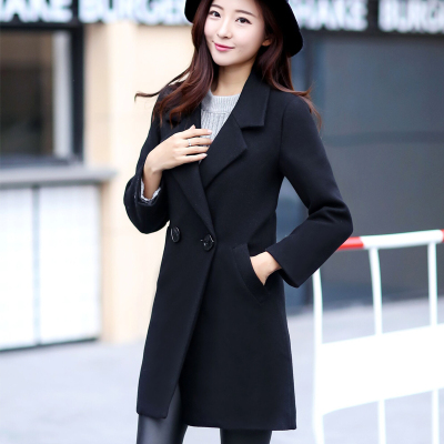 FISHBASKET毛呢外套女中长款韩版2020新款修身显瘦黑色冬季加厚呢子大衣毛呢外套