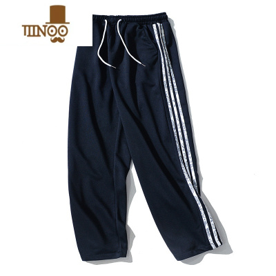 YANXU运动休闲裤子男秋季薄款直筒宽松ins潮牌针织黑色三条杠卫裤男女