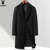 花花公子品牌冬季夹棉中长款男士羊毛呢大衣加厚西装领时尚休闲保暖外套男