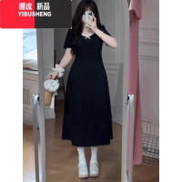 YIBUSHENG大码梨形身材遮胯收腰短袖黑色小裙子女季胖mm茶歇风显瘦连衣裙
