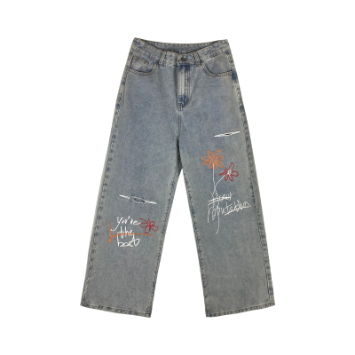 广赫LightBlue复古个性印花直筒牛仔裤女2020新款高腰宽松破洞裤长裤牛仔裤
