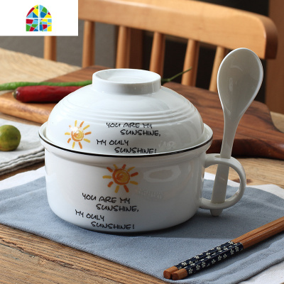 可爱陶瓷泡面碗带盖学生宿舍用日式带手柄的餐具创意个性家用汤碗 FENGHOU 法式字母(送筷勺)750ml