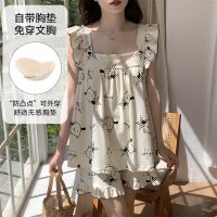 春夏季女士仿棉睡衣背心短裤卡通可爱花边宽松带胸垫可外穿家居服