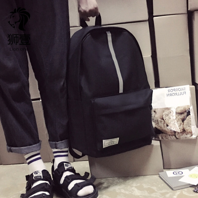 狮壹（Lionone）帆布双肩包男韩版潮学生韩版休闲书包男时尚潮流青年旅行电脑背包黑色