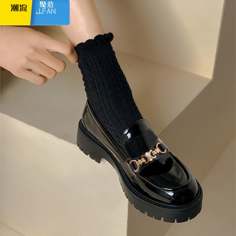 聚范乐福鞋女鞋子2024新款厚底英伦风小皮鞋女黑休闲单鞋