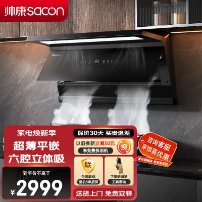 帅康(sacon)Y876变频抽油烟机顶侧双吸30立方大吸力吸油烟机1100Pa静压自清洗超薄平嵌以旧换新家用脱排油烟机
