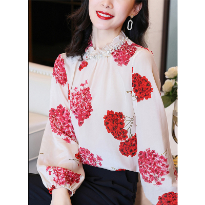 佐露絲杏色雪纺钉珠立领灯笼袖衬衫女2021春装新款高端缎面印花宽松长袖女士上衣