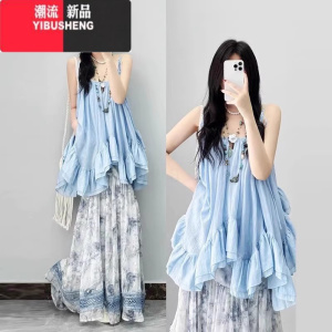 YIBUSHENG法式小个子蓝色吊带衬衫连衣裙女季2024新款设计感海边度假短裙