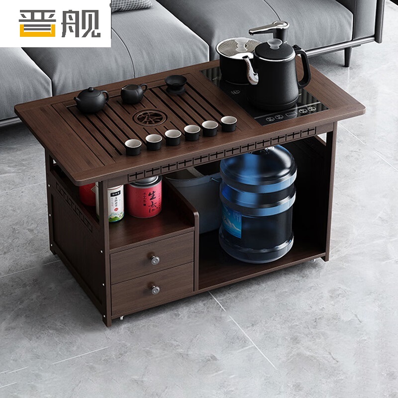 晋舰 移动茶台家用阳台竹木小茶桌烧水壶一体简约现代功夫茶几 防烫+黑陶茶具