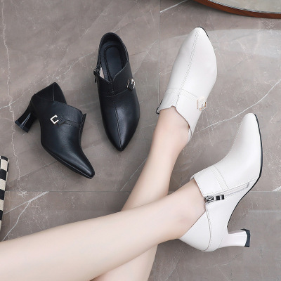 时尚尖头深口单鞋秋季新款小码两穿欧美风头层牛皮粗高跟单鞋