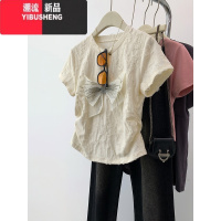 YIBUSHENG蝴蝶结正肩镂空短袖t恤女季2024新款设计感小众短款收腰上衣