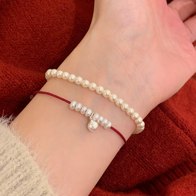 纯银天然珍珠圆球红绳手链蛇年本命年轻奢小众精致手串女时尚送女朋友老婆情人节七夕生日礼物