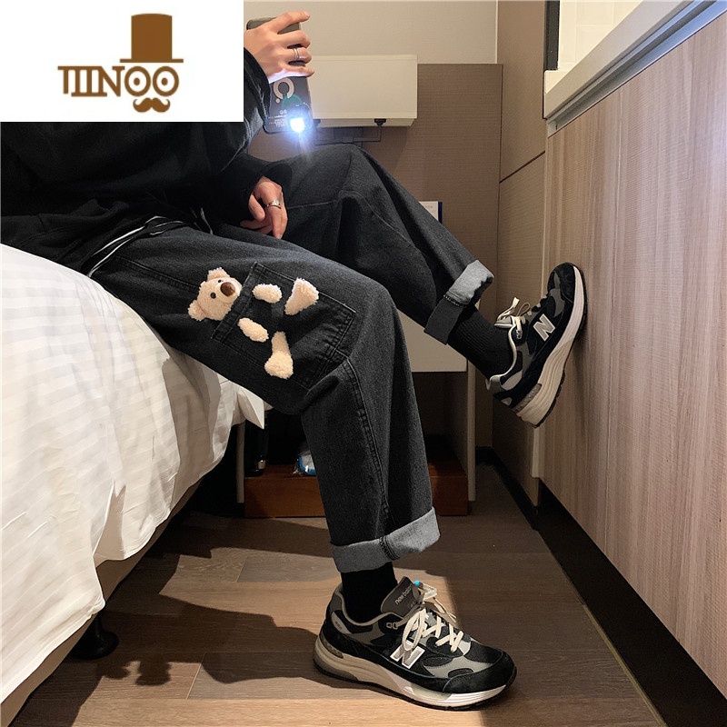 YANXU网红工装牛仔裤男潮牌ins直筒宽松chic浅色九分阔腿裤潮流