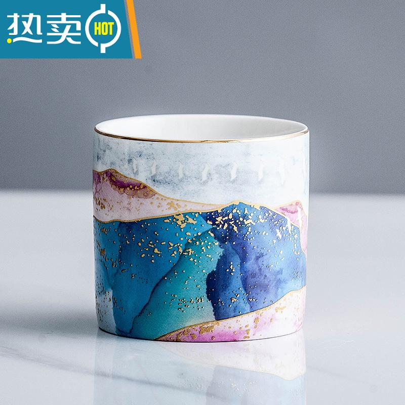 敬平北欧轻奢水果叉套装欧式家用陶瓷罐子不锈钢水果签果勺子插甜品叉 抽象红蓝罐一个