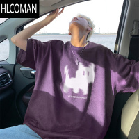 HLCOMAN小猫印花绒短袖T恤男款夏季美式宽松青少年半袖