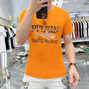 夏季新款欧货潮牌流行鲨鱼烫钻短袖男士圆领T恤休闲印花t半袖