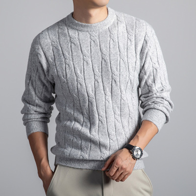 含羊毛老钱风男士毛衣秋冬新款圆领套头加厚保暖提花针织羊毛衫男