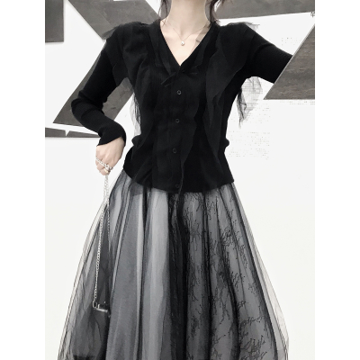 暖青汇春季山本法式轻熟赫本风炸街设计感套装纱裙网纱裙配慵懒风开衫女半身裙