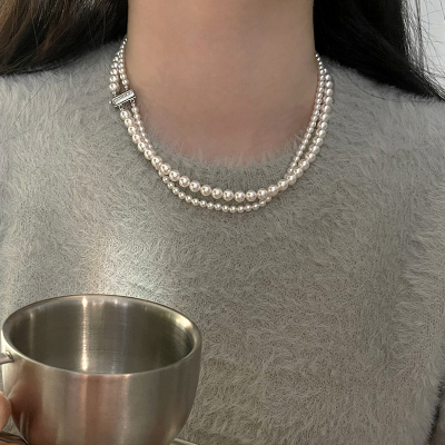 925纯银施家珍珠灰色强光双层项链女锁骨链毛衣链2025新款送女朋友老婆情人节七夕生日礼物