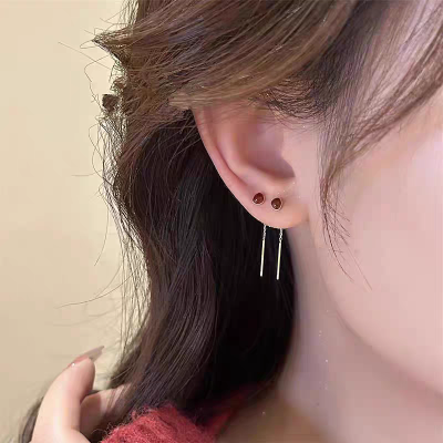 s925银红色相思豆耳线女短款小众气质高级感流苏耳链精致耳钉耳饰送女朋友老婆情人节七夕生日礼物