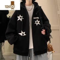 YANXU酒红色连帽开衫卫衣男秋季2023新款美式印花宽松休闲外套